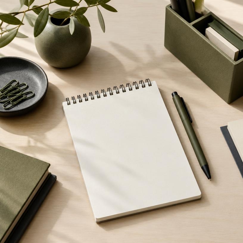 Libreta, bolígrafo y accesorios para organizar el escritorio