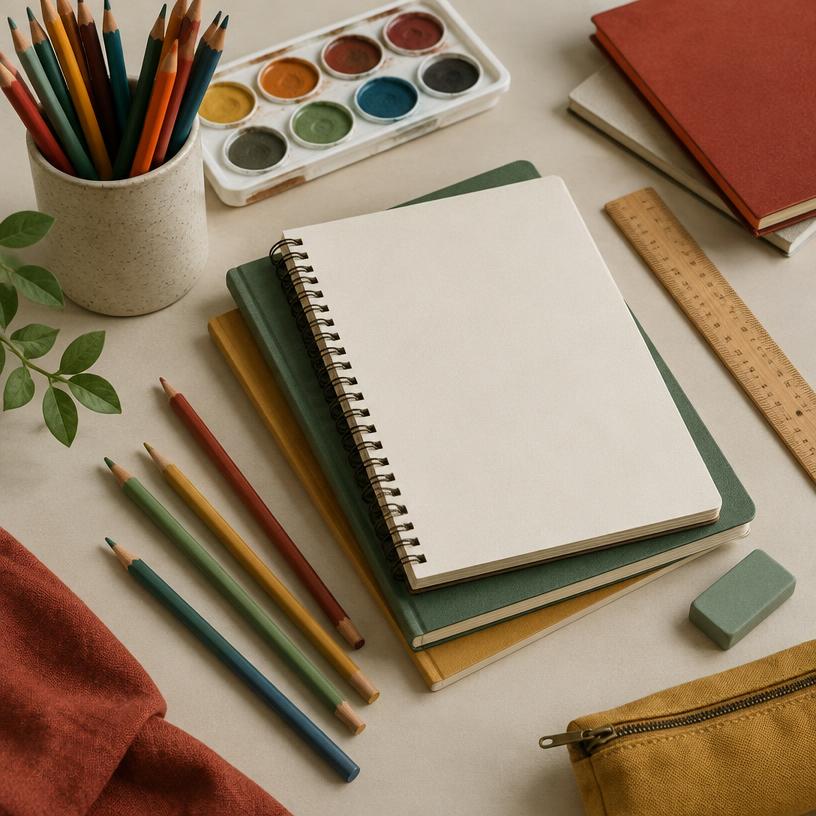Cuadernos, lápices de colores, regla y materiales escolares
